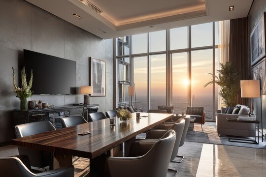Modern office conference room with city view at sunset