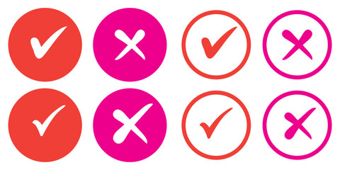 Set of green and red check box with yes and no sign. Modern label icons check mark and cross on transparent background.