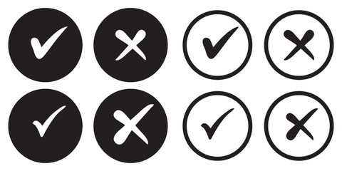 Set of green and red check box with yes and no sign. Modern label icons check mark and cross on transparent background.