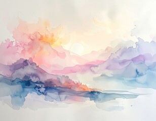 Abstract landscape painting of a sunrise or sunset over mountains and water, using fluid colors