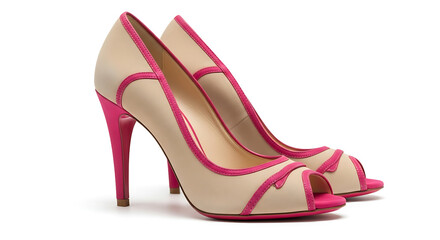 A pair of nude and fuchsia high heels with a platform and a stiletto heel, on a white background.