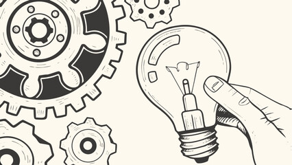 A hand holding a light bulb with gears in the background, symbolizing ideas and mechanical processes