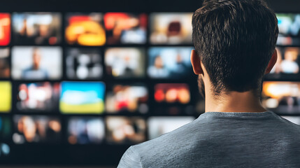 A man views a wall of video thumbnails, selecting content from a digital media interface.