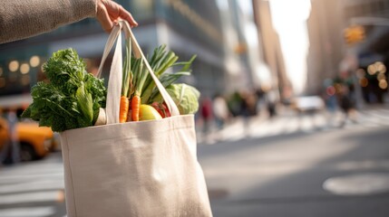 Person is holding a bag of vegetables in a city street