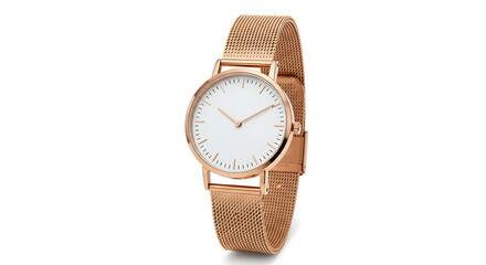 A minimalist, elegant rose gold wristwatch with a Milanese mesh band, captured on a white background.