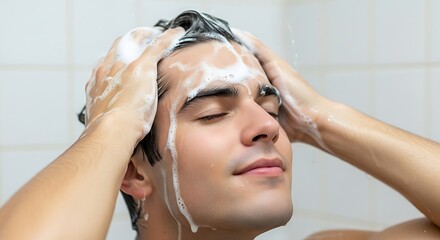 Naklejka premium Man Washing Hair With Shampoo In Shower.