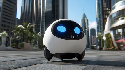 A small spherical robot with glowing blue eyes moves along a city sidewalk in a futuristic urban environment.
