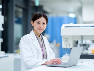 Fototapeta premium 白衣を着てノートパソコンを操作する笑顔の日本人女性研究者