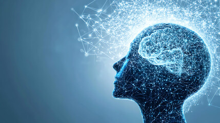 Digital representation of a human head with a glowing brain and network connections, symbolizing neural activity and connectivity.