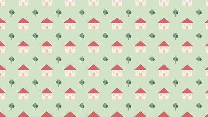 Red Roof House And Tree Pattern Background