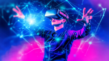 Person wearing virtual reality headset interacting with digital network in a colorful futuristic environment