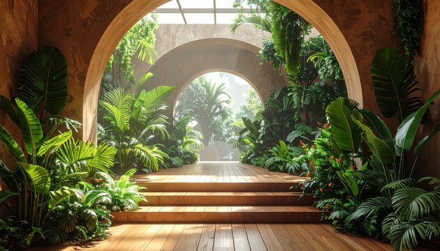 A sunlit, lush interior walkway, filled with vibrant tropical plants, framed by arched concrete walls, creating a serene and calming atmosphere.