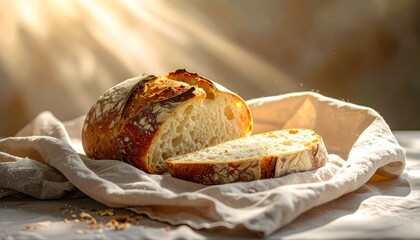 A rustic loaf of freshly baked artisan sourdough bread, sliced and sitting on a cloth in the warm morning sunlight