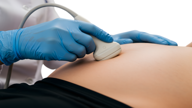 Pregnant woman getting ultrasound scan isolated on transparent background