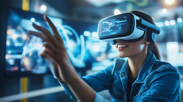 Woman using virtual reality headset in a high-tech environment, interacting with digital interface - Powered by Adobe