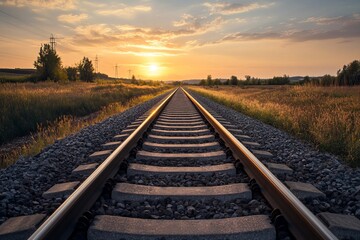 Fototapeta premium Sunset over railway tracks. Golden light, rural landscape