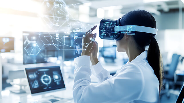 Scientist using virtual reality headset to interact with digital data in a high-tech laboratory environment - Powered by Adobe