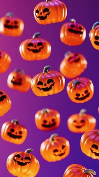 Happy Halloween looping video for social media template with floating pumpkins on a gradient background in 3D animation