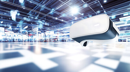 Virtual reality headset floating in a futuristic digital environment with glowing grid patterns and high-tech architecture