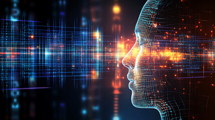 Digital human head profile with glowing grid lines and data streams in a futuristic technological environment