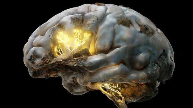 A brain with a tree growing out of it. The brain is grey and has a lot of wrinkles. Abstract of brain with rotting fungal textures and melted surfaces, rotten artistic dark conceptual