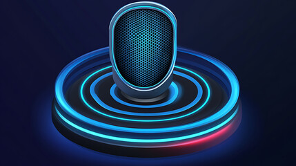 A futuristic microphone with a glowing circular base emitting blue and red light waves on a dark background
