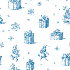 Editable Vector Seamless Vintage Toile Christmas Pattern 7 with Elves and Gift Boxes. Hand-drawn Christmas elves in antique illustration style with festive gift boxes and snowflakes, created in elegan