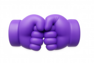 Purple cartoon fists bumping in 3d rendering against transparent backdrop