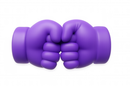 Purple cartoon fists bumping in 3d rendering against transparent backdrop