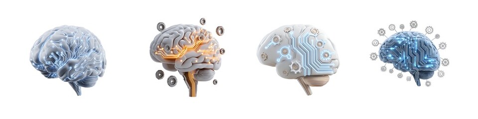 Set of AI brain isolated on transparent background