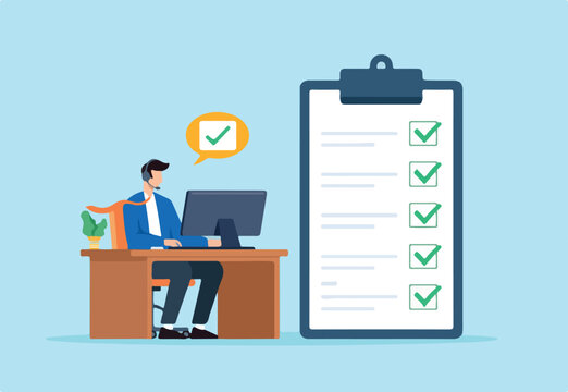 Flat illustration of support specialist checking completed checklist with headset and computer at office desk in customer service task monitoring