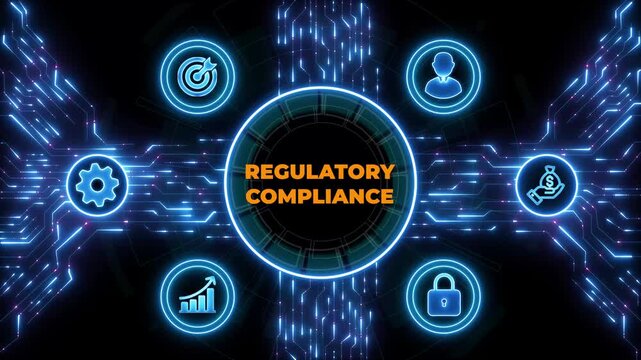 Compliance rules regulation policy law. Digital Data moving on Circuit Board background.