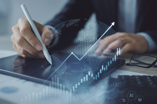 Business analyst using stylus on tablet with futuristic global chart overlay showing economic growth trends and digital investment - Powered by Adobe