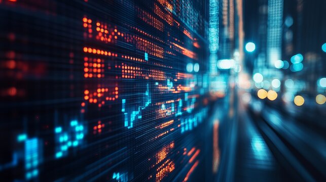 A vibrant digital display, seemingly showing financial data, set against a blurred cityscape at night