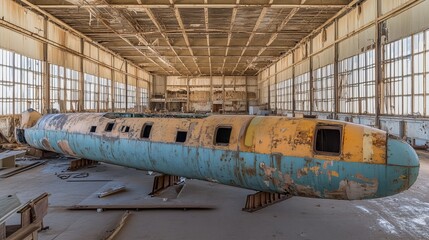 Abandoned airplane fuselage in a derelict hangar.  Rusty, faded paint.  Empty, dusty interior