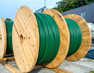 Wooden reels holding coiled green cable outdoors