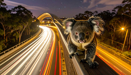 Koala crossing a highway at night, light trails from passing cars, bridge in the background.