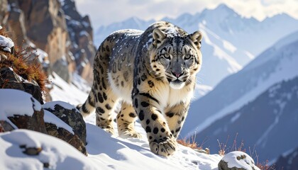 Fototapeta premium A majestic snow leopard strolls across a snowy mountain slope, its gaze fixed on the distant peaks.