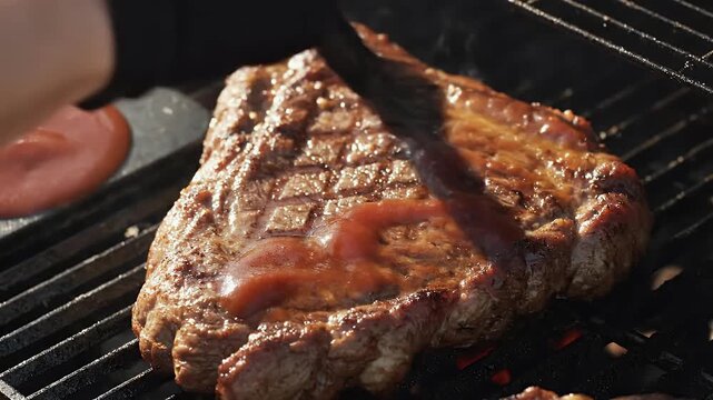 Preparing a delicious and juicy beef steak on a hot charcoal barbecue grill, basting it with a savory red sauce