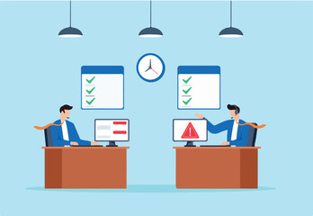 Flat illustration of support staff solving technical issues with headset and computer in office with checklist alert sign and chat on screen
