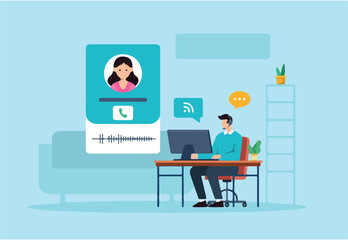 Flat illustration of remote call center operator answering customer with headset and computer during online voice communication