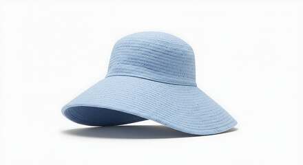 A minimalist studio shot of a wide-brimmed, light blue sun hat floating against a white background.