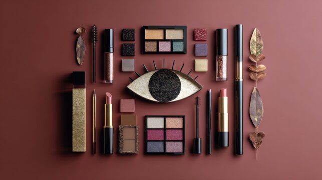 Overhead shot showcasing a collection of glittering makeup products arranged around a decorative eye on a brown surface