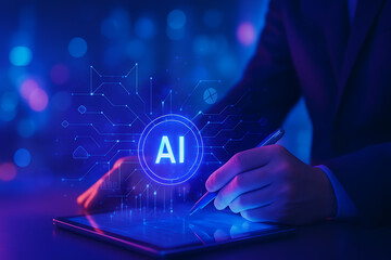Business professional using stylus on tablet with futuristic hologram artificial intelligence digital innovation interface