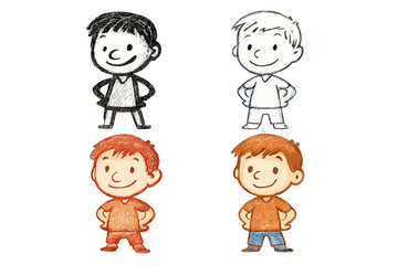 Hand-drawn cartoon boy character set. Cute child in various sketch styles like pencil, charcoal, and crayon. Happy kid illustration standing in a confident pose. Vector graphic collection.