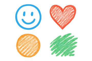 Hand-drawn crayon doodle set with smiley face, heart, and abstract shapes. Colorful charcoal pencil scribble texture. Vector illustration for kids design on transparent background.