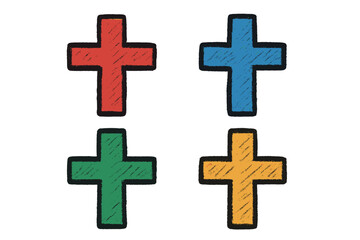 Obraz premium Christian cross symbol collection. Colorful vector icons with hand-drawn charcoal or crayon texture. Set of plus signs for faith, religion, and spiritual design concepts.