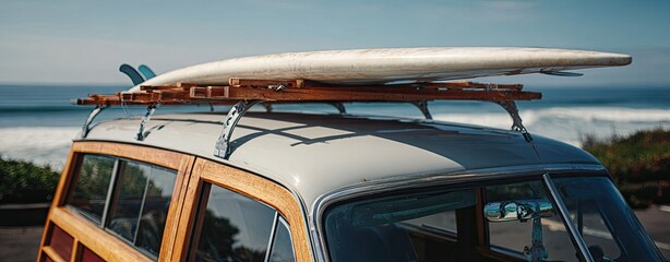 Vintage station wagon with surfboards on the roof