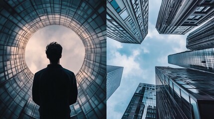 Fototapeta premium Urban juxtaposition; person looking up at circular architecture and towering skyscrapers