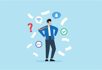 Flat illustration of support specialist reviewing remote tickets with headset in multitasking customer service environment